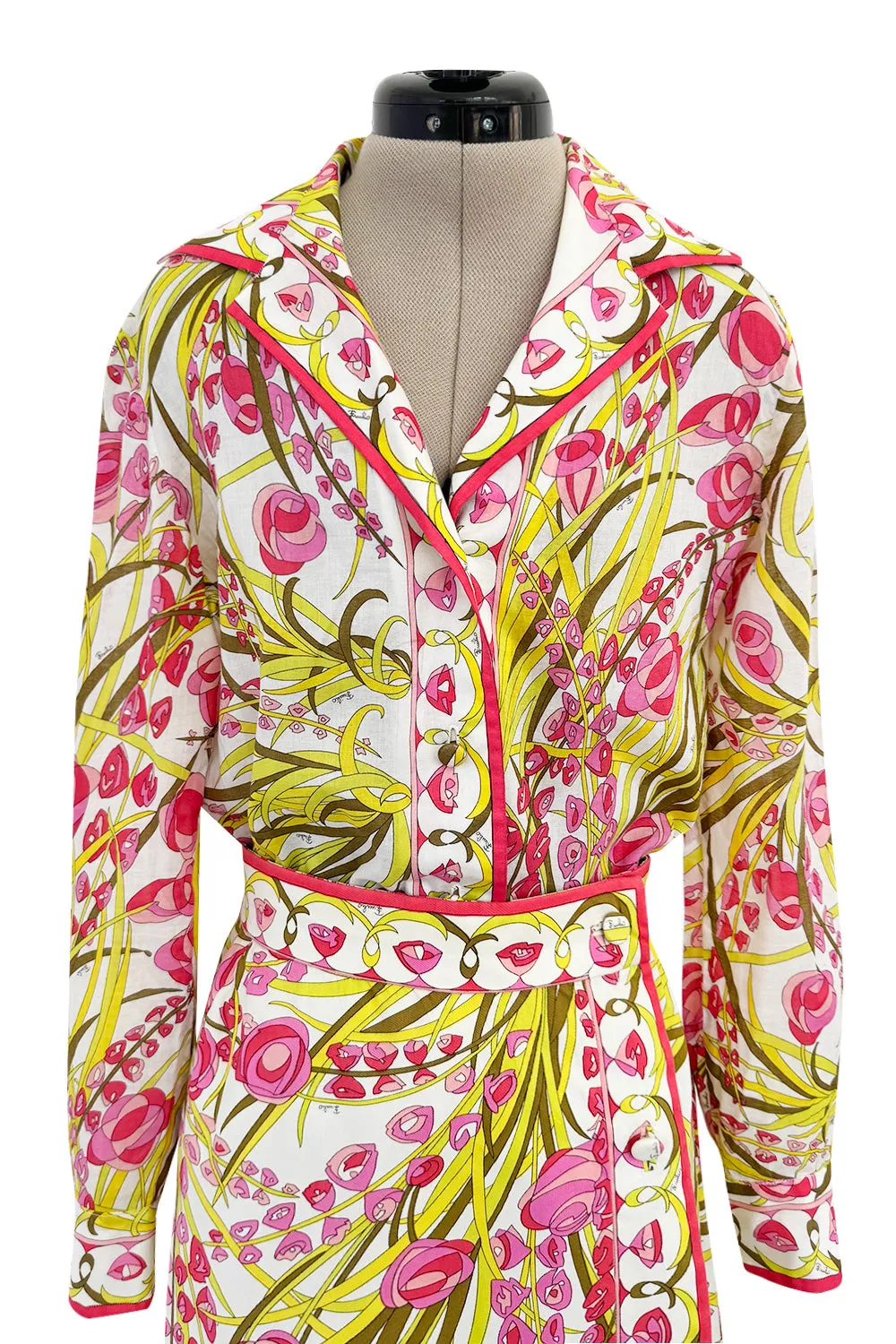Wonderful 1960s Emilio Pucci Two Piece Cotton & Cotton Voile Pink & Yellow Skirt & Top Set