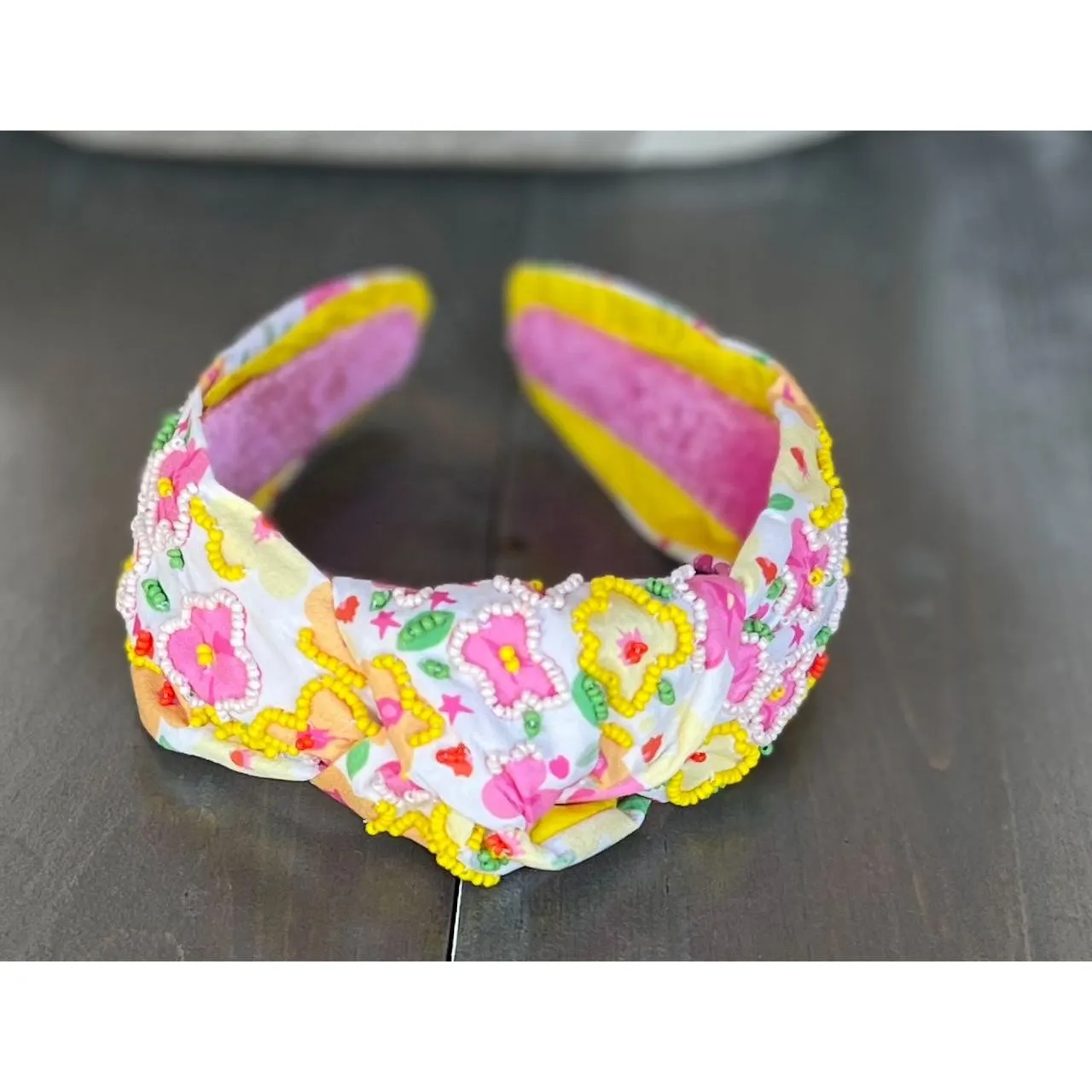 Yellow and Pink Poppies Seed Beaded Top Knot Headband