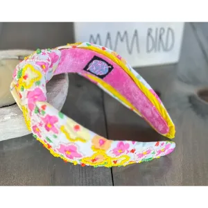 Yellow and Pink Poppies Seed Beaded Top Knot Headband