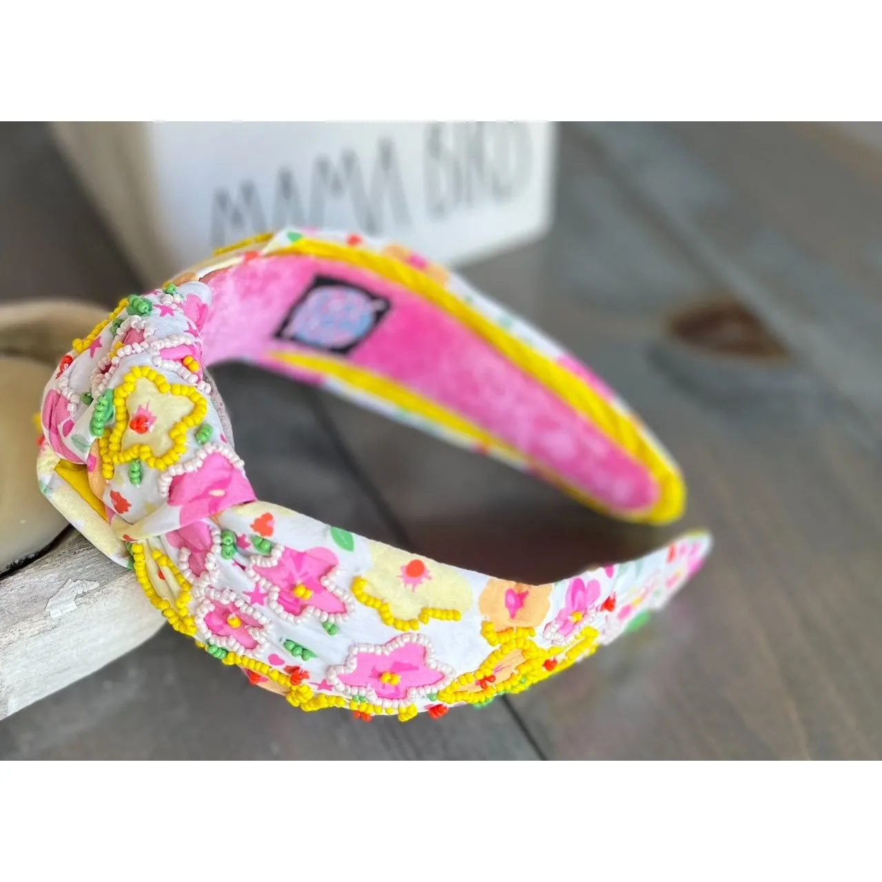 Yellow and Pink Poppies Seed Beaded Top Knot Headband