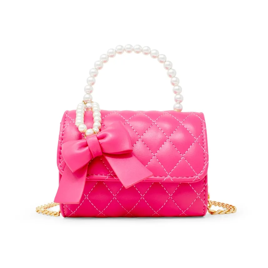 Zomi Gems Quilted Pearl Handle Bow Ribbon Handbag - Hot Pink
