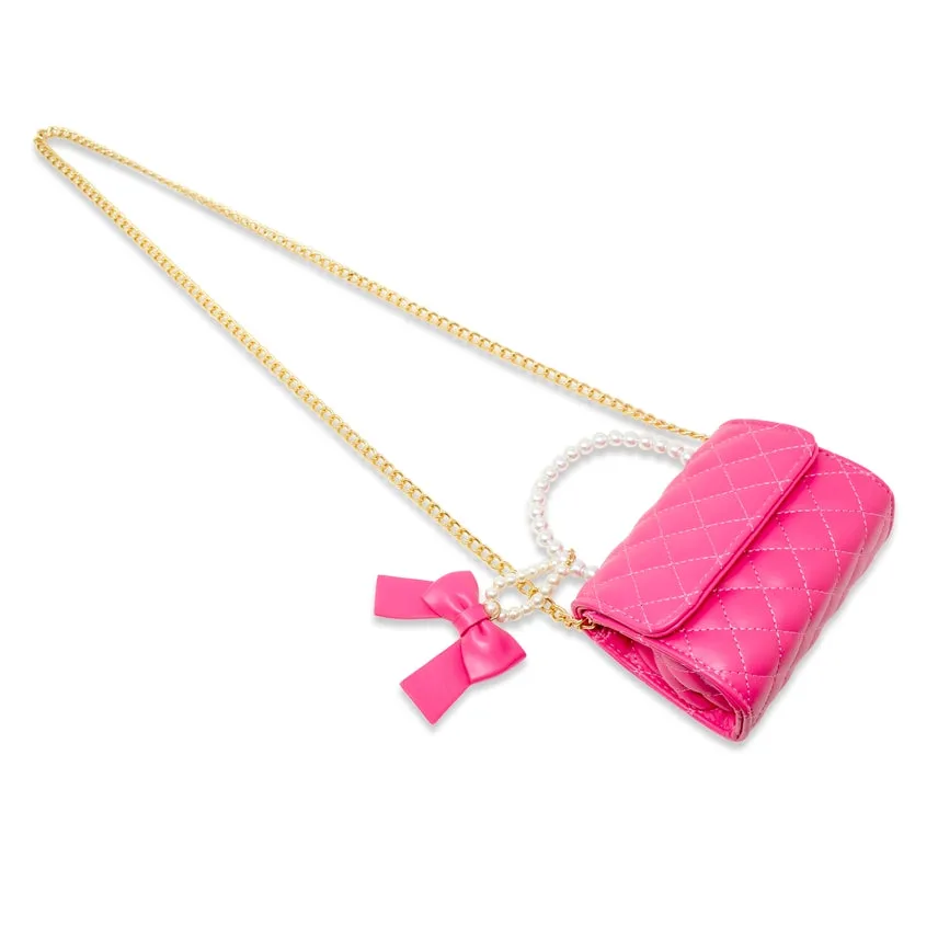 Zomi Gems Quilted Pearl Handle Bow Ribbon Handbag - Hot Pink