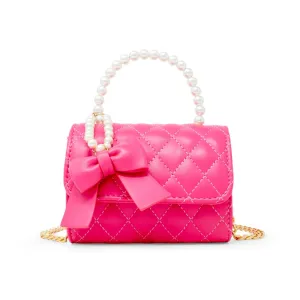Zomi Gems Quilted Pearl Handle Bow Ribbon Handbag - Hot Pink