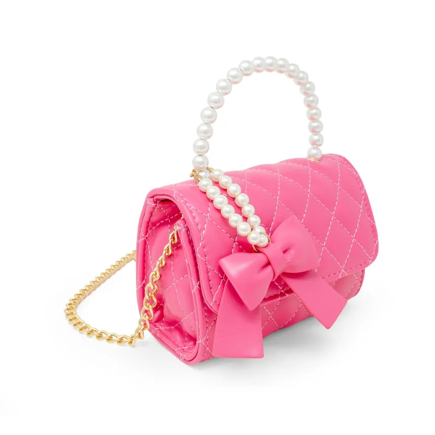 Zomi Gems Quilted Pearl Handle Bow Ribbon Handbag - Hot Pink